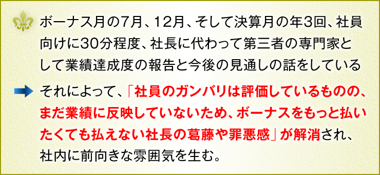 ボーナス月の7月、12月、そして決算月の年3回、社員向けに30分程度、社長に代わって第三者の専門家として業績達成度の報告と今後の見通しの話をしている　それによって、「社員のガンバリは評価しているものの、まだ業績に反映していないため、ボーナスをもっと払いたくても払えない社長の葛藤や罪悪感」が解消され、社内に前向きな雰囲気を生む。