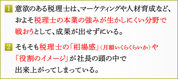 1．意欲のある税理士は、マーケティングや人材育成など、およそ税理士の本業の強みが生かしにくい分野で戦おうとして、成果が出せずにいる。　2．そもそも税理士の「相場感」（月額いくらくらいか）や「役割のイメージ」が社長の頭の中で出来上がってしまっている。