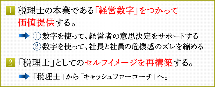 1．　税理士の本業である「経営数字」をつかって価値提供する。→①数字を使って、経営者の意思決定をサポートする　②数字を使って、社長と社員の危機感のズレを縮める　2．「税理士」としてのセルフイメージを再構築する。→「税理士」から「キャッシュフローコーチ」へ。