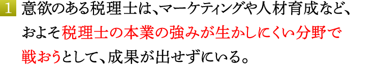 1．意欲のある税理士は、マーケティングや人材育成など、およそ税理士の本業の強みが生かしにくい分野で戦おうとして、成果が出せずにいる。