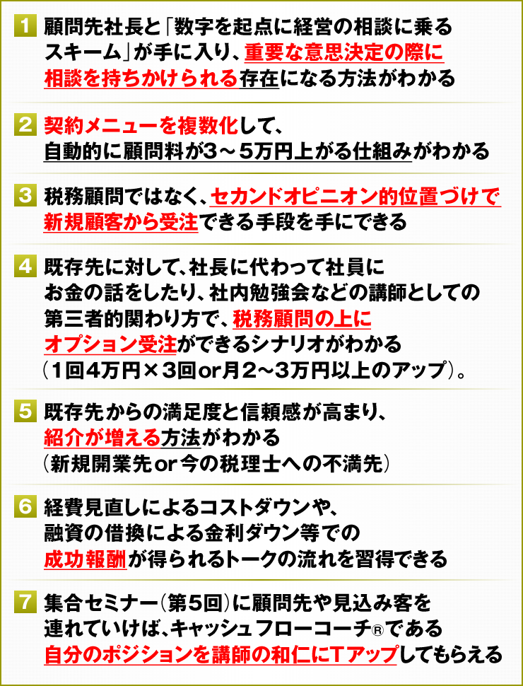 ①顧問先社長と「数字を起点に経営の相談に乗るスキーム」が手に入り、重要な意思決定の際に相談を持ちかけられる存在になる方法がわかる　②契約メニューを複数化して、自動的に顧問料が3～5万円上がる仕組みがわかる　③税務顧問ではなく、セカンドオピニオン的位置づけで新規顧客から受注できる手段を手にできる　④既存先に対して、社長に代わって社員にお金の話をしたり、社内勉強会などの講師としての第三者的関わり方で、税務顧問の上にオプション受注ができるシナリオがわかる（1回4万円×3回or月2～3万円以上のアップ）。　⑤既存先からの満足度と信頼感が高まり、紹介が増える方法がわかる（新規開業先or今の税理士への不満先）　⑥経費見直しによるコストダウンや、融資の借換による金利ダウン等での成功報酬が得られるトークの流れを習得できる　⑦集合セミナー（第5回）に顧問先や見込み客を連れていけば、キャッシュフローコーチ®である自分のポジションを講師の和仁にＴアップしてもらえる