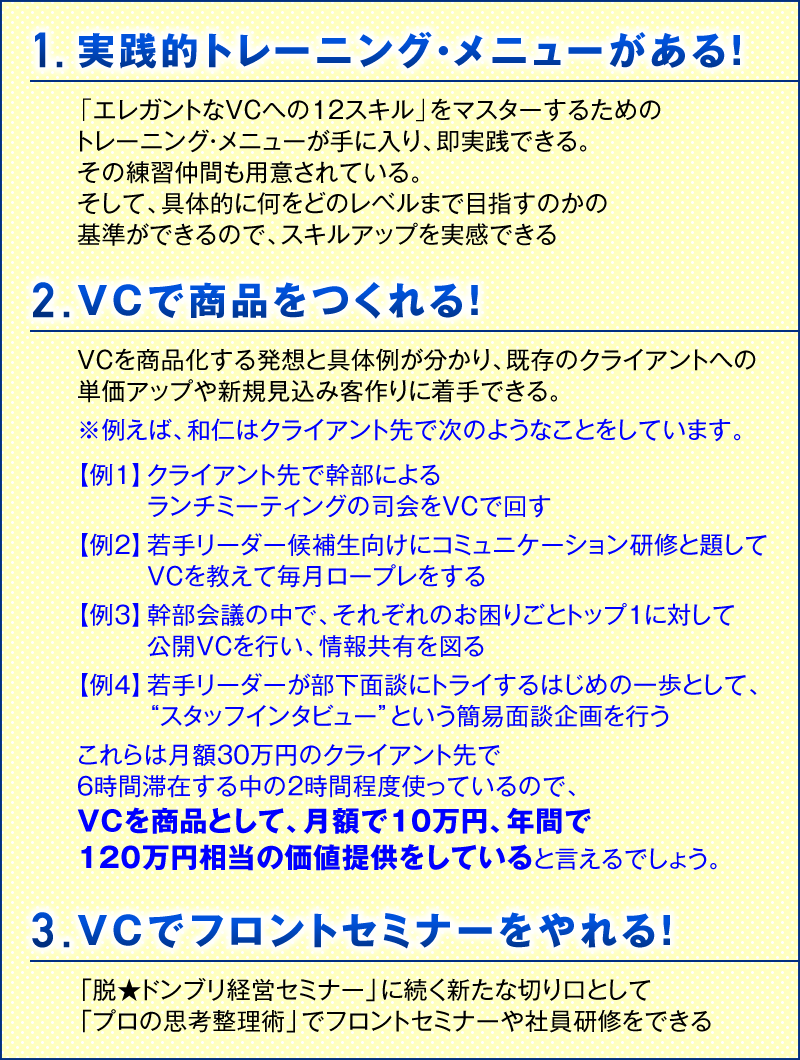 1.実践的トレーニング・メニューがある！　「エレガントなVCへの12スキル」をマスターするためのトレーニング・メニューが手に入り、即実践できる。その練習仲間も用意されている。そして、具体的に何をどのレベルまで目指すのかの基準ができるので、スキルアップを実感できる　2.VCで商品をつくれる！　VCを商品化する発想と具体例が分かり、既存のクライアントへの単価アップや新規見込み客作りに着手できる。　※ 例えば、和仁はクライアント先で次のようなことをしています。　【例1】クライアント先で幹部によるランチミーティングの司会をVCで回す　【例2】若手リーダー候補生向けにコミュニケーション研修と題してVCを教えて毎月ロープレをする　【例3】幹部会議の中で、それぞれのお困りごとトップ1に対して公開VCを行い、情報共有を図る　【例4】若手リーダーが部下面談にトライするはじめの一歩として、“スタッフインタビュー”という簡易面談企画を行う　これらは月額30万円のクライアント先で6時間滞在する中の2時間程度使っているので、VCを商品として、月額で10万円、年間で120万円相当の価値提供をしていると言えるでしょう。　3.VCでフロントセミナーをやれる！　「脱★ドンブリ経営セミナー」に続く新たな切り口として「プロの思考整理術」でフロントセミナーや社員研修をできる