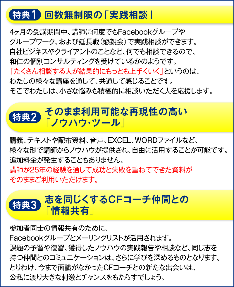 特典１・回数無制限の「実践相談」　４ヶ月の受講期間中、講師に何度でもFacebookグループやグループワーク、および延長戦（懇親会）で実践相談ができます。自社ビジネスやクライアントのことなど、何でも相談できるので、和仁の個別コンサルティングを受けているかのようです。「たくさん相談する人が結果的にもっとも上手くいく」というのは、わたしの様々な講座を通して、共通して感じることです。そこでわたしは、小さな悩みも積極的に相談いただく人を応援します。　特典２・そのまま利用可能な再現性の高い「ノウハウ・ツール」　講義、テキストや配布資料、音声、EXCEL、WORDファイルなど、様々な形で講師からノウハウが提供され、自由に活用することが可能です。追加料金が発生することもありません。講師が２５年の経験を通して成功と失敗を重ねてできた資料がそのままご利用いただけます。　特典３・志を同じくするＣＦコーチ仲間との「情報共有」　参加者同士の情報共有のために、Facebookグループとメーリングリストが活用されます。課題の予習や復習、獲得したノウハウの実践報告や相談など、同じ志を持つ仲間とのコミュニケーションは、さらに学びを深めるものとなります。とりわけ、今まで面識がなかったＣＦコーチとの新たな出会いは、公私に渡り大きな刺激とチャンスをもたらすでしょう。