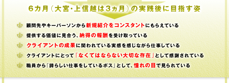 6カ月（大宮は3ヵ月）の実践後に目指す姿　□ 顧問先やキーパーソンから新規紹介をコンスタントにもらえている　□ 提供する価値に見合う、納得の報酬を受け取っている　□ クライアントの本業の成果に関われている実感を感じながら仕事している　□ クライアントにとって「なくてはならない大切な存在」として感謝されている　□ 職員から「誇らしい仕事をしているボス」として、憧れの目で見られている