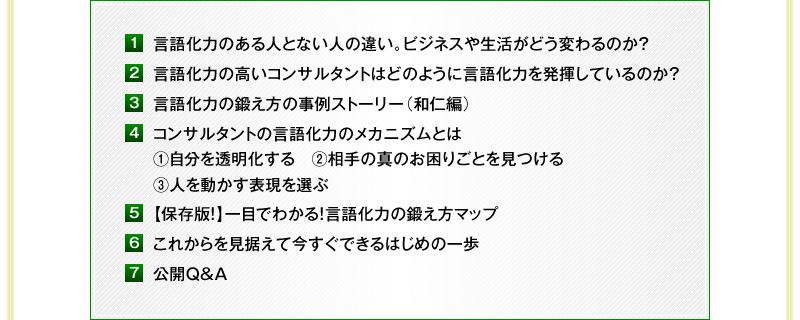 PEꉻ͂̂lƂȂl̈ႢBrWlX␶ǂς̂H@QEꉻ͂̍RT^g͂ǂ̂悤Ɍꉻ͂𔭊Ă̂H@REꉻ͂̒b̎Xg[[iamҁj@SERT^ǧꉻ͂̃JjYƂ́@@𓧖@A̐^̂育Ƃ@Bl𓮂\Iԁ@TEyۑŁIzڂł킩Iꉻ͂̒b}bv@UEꂩčł͂߂̈@VEJQ&A
